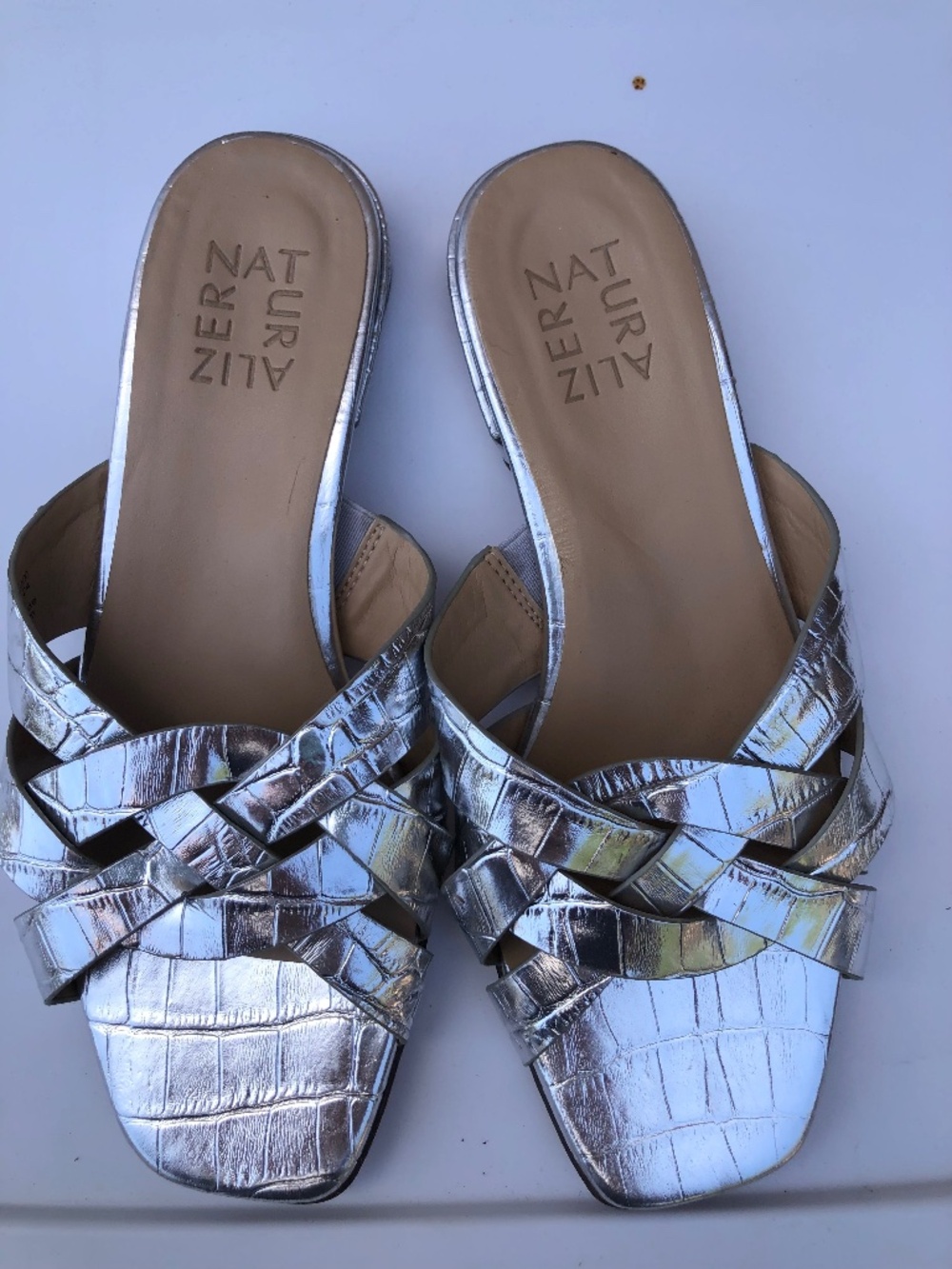 Naturalizer Ashford Silver Metallic Croc Slide Sandal Woven Strap